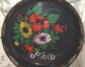 TRAY Vintage! Folk Colorful Floral Motif Hand- Painted Black Enamel Tray / LOVELY Folk Artistic Hand- Painted Floral Motif Tray