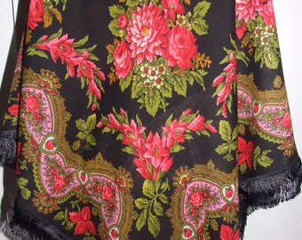 MAGNIFIQUE ! RARE ! Écharpe noire en laine et soie à motif floral folklorique de Cracovie polonaise Vinrtage / Joli châle coloré à motif floral folklorique polonais