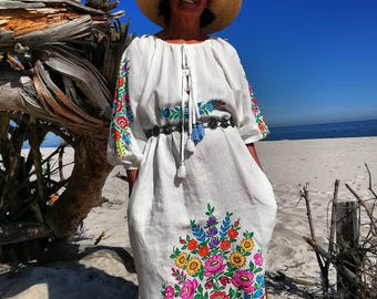 DRESS FOLKA - Beautiful Polish Folk Fashion Dress Hand- Painted Flowers/ Folka Dress Hand- Painted by Polish Folk Artists/ FOLKA Linen Dress