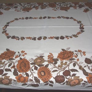 LOVELY Vintage Polish Design Brown Floral Print White Natural Linen Tablecloth / Polish Decorative Brown & Honey Floral Printed Table Linen