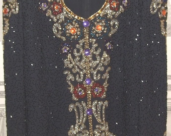 Jaqueta de noite! Vintage, tamanho G, feita à mão com miçangas coloridas, jaqueta de seda preta / Chique, luxuosa, exclusiva, jaqueta com muitas miçangas