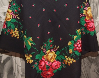 SCARF FOLK Vintage! Beautiful Swiss Folk Handicraft Design, Red Floral Motif, Black Background 100% Cashmere Wool Square Scarf, Shawl, Wrap