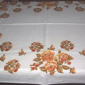 LOVELY Vintage Polish Folk Design &quot;Roses&quot; Printed White Pure Linen Tablecloth/ Beautiful Brown & Honey Floral Print Table Linen- Home Decor