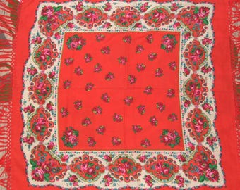 SCARF POLISH FOLK! Vintage, Polish Folk Cracovian, Floral Motif, Handmade Fringe, Pure Red Wool, Square, Scarf, Shawl