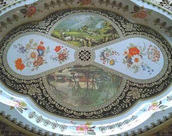 TRAY Vintage! French, Folk Landscape Printed Enamel Tin Metal Tray/ LOVELY French Colorful Folk Floral Pattern Tray - Home Decor