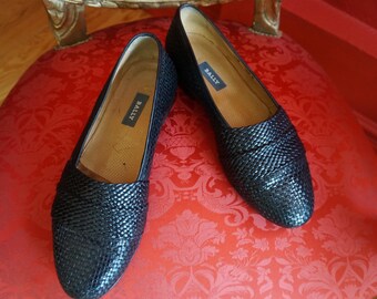 BALLY Boll! Vintage, authentieke, in Italië gemaakte, echt leren schoenen, maat 10 1/2 W herenschoenen - loafers / elegante zwarte geweven leren brogue loafers