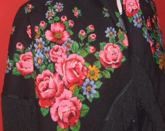 SCARF FOLK! Vintage, Swiss Folk, Hand Printed Design, Red Floral Motif, Black Background, 100% Thin Pure Wool, Handmade Viscose Fringe Scarf