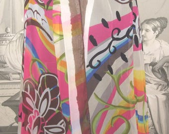 SHAWL Vintage! MARINA D'ESTE Italian Designer, Made in Italy, Abstract Floral Design, 100 % Silk Chiffon Rainbow Colorful, Long Shawl, Wrap