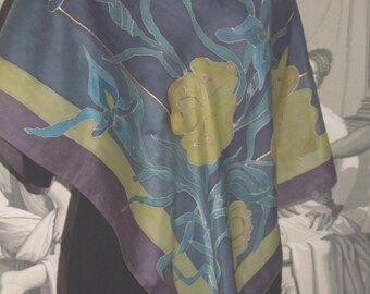 SCARF Vintage! Designer Artistic Floral Motive Hand- Painted Silk Scarf/Fabulous Unique Designer Hand- Painted Woman Fashion Pure Silk Scarf
