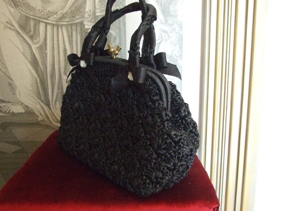 BEAUTIFUL & DESIGNER Vintage Black Raffia Retro H… - image 3