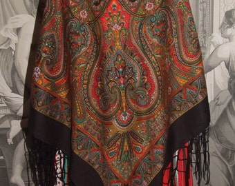 SUPERBE écharpe vintage à franges en laine noire à motif folklorique polonais/motif folklorique polonais coloré et noir châle, écharpe/grande écharpe folklorique carrée