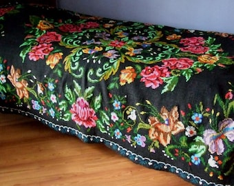 HUISDECORPOT! Vintage, Poolse volkslemko, handgemaakte wollen plaid, sprei / geweldig ingewikkeld handgeborduurd, bloemmotief, wanddecoratie