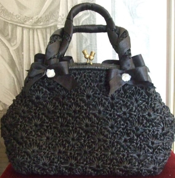 BEAUTIFUL & DESIGNER Vintage Black Raffia Retro H… - image 1