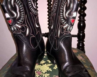 SUPER! FASHIONABLE! Cowboy Boots! Vintage Sancho Boots Made in Spain decorative fancy applique tooled black leather size 42 E cowboy boots