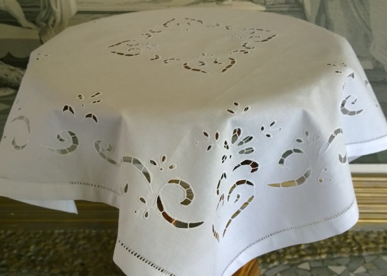 Polish Vintage White Linen Square Tablecloth Polish Home Decor-Handmade Richelieu TableclothBeautiful Polish Hand Embroidered Table Linen
