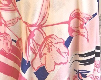 SHAWL Vintage! Designer, Abstract Floral Design, Pink White Black Wool Acrylic Mix, Geometric & Floral Pattern Square Shawl