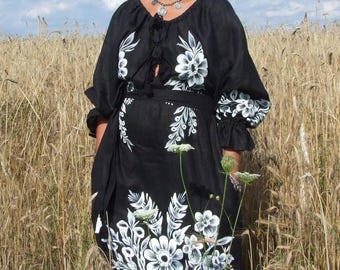 DRESS FOLKA - Beautiful Polish Folk Fashion Dress Hand- Painted Flowers/ FOLKA Dress Hand- Painted by Polish Folk Artists/ Folka Linen Dress