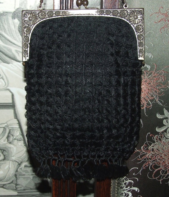 Handmade New Retro Black Print Silk Tote Handbag main image 1