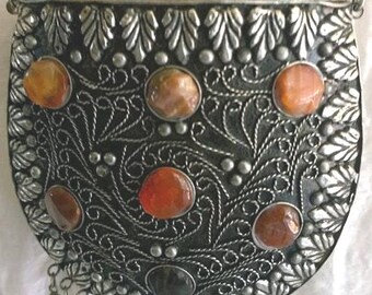 PURSE BAG Vintage! Designer Italian Handmade Silver Metal Agate Stone Shoulder Purse Bag/Lovely Ethnic Folk Boho Silver Metal Crossbody Bag