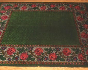 BEDHOES PRACHTIG! Pools Cracovian antiek ca. jaren 1930 groen fluweel chenille tapijt, plaid, vloerkleed, tafelkleed, tapijt/zeldzaam Pools huisdecor