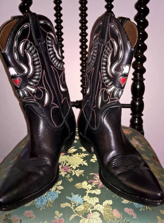 Super! Fashionable! Cowboy Boots! Vintage Sancho Boots Made in Spain Decorative Fancy Applique Tooled Black Leather Size 42 E Cowboy Boots