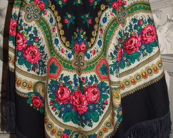 RARETÉ ÉTONNANTE ! Foulard en laine noire à motif floral coloré de Cracovie folklorique polonaise vintage, châle/belle écharpe carrée florale folklorique polonaise