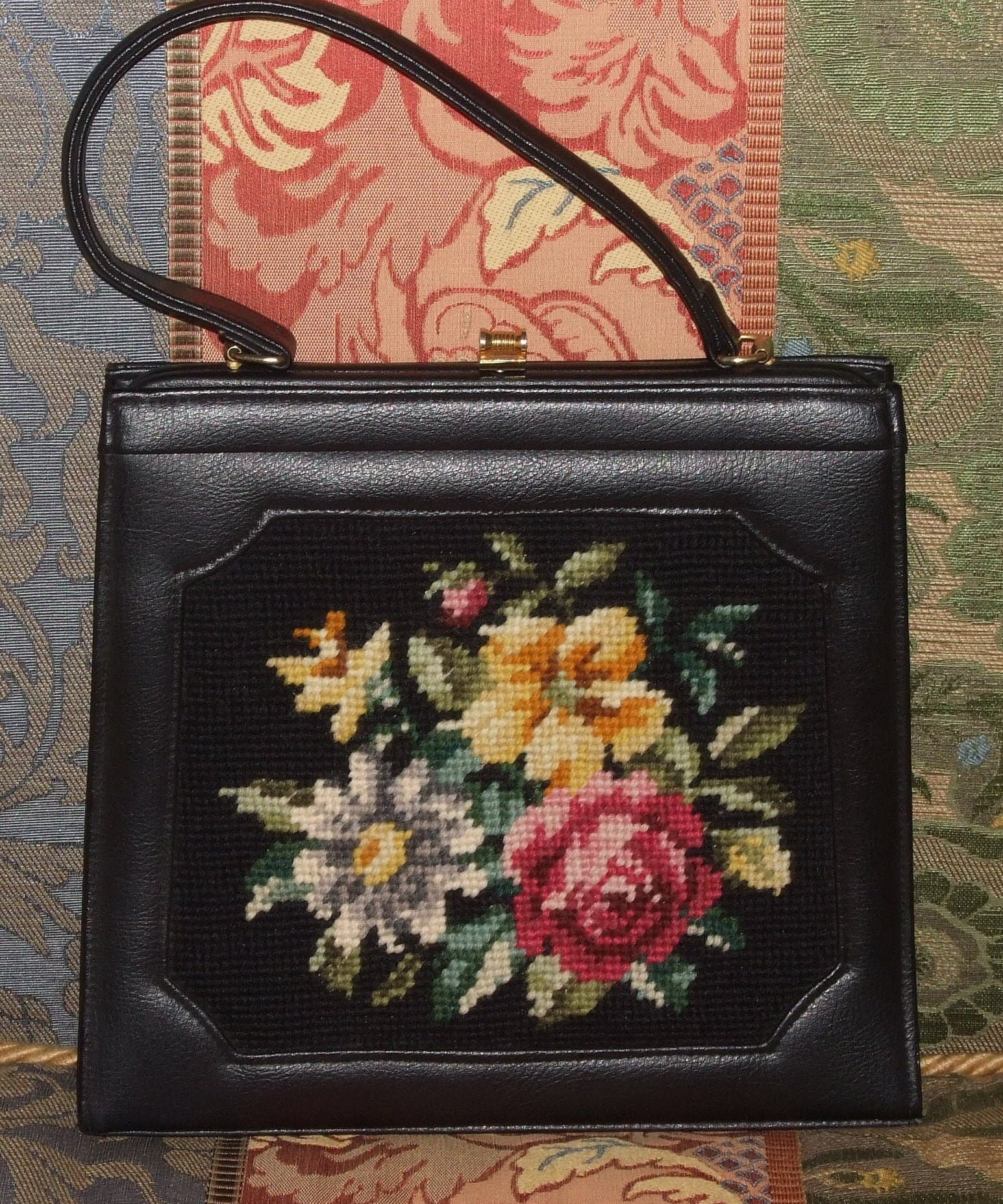 Needlepoint Small Clutch Bag & Wood Handmade Bag