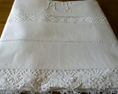 Antique French Linen Hand Embroidered Monogram (A.T) / Pattern Handmade Crochet Lace Bed Sheet Boudoir Shabby Chic Curtain Sewing Projects
