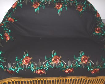 BED COVER FOLK! Vintage Polish Folk Hand Embroidered Floral Design Black Soft Felt Wool Silk Fringe Throw Bed Cover- Polish Folk Home Decor!