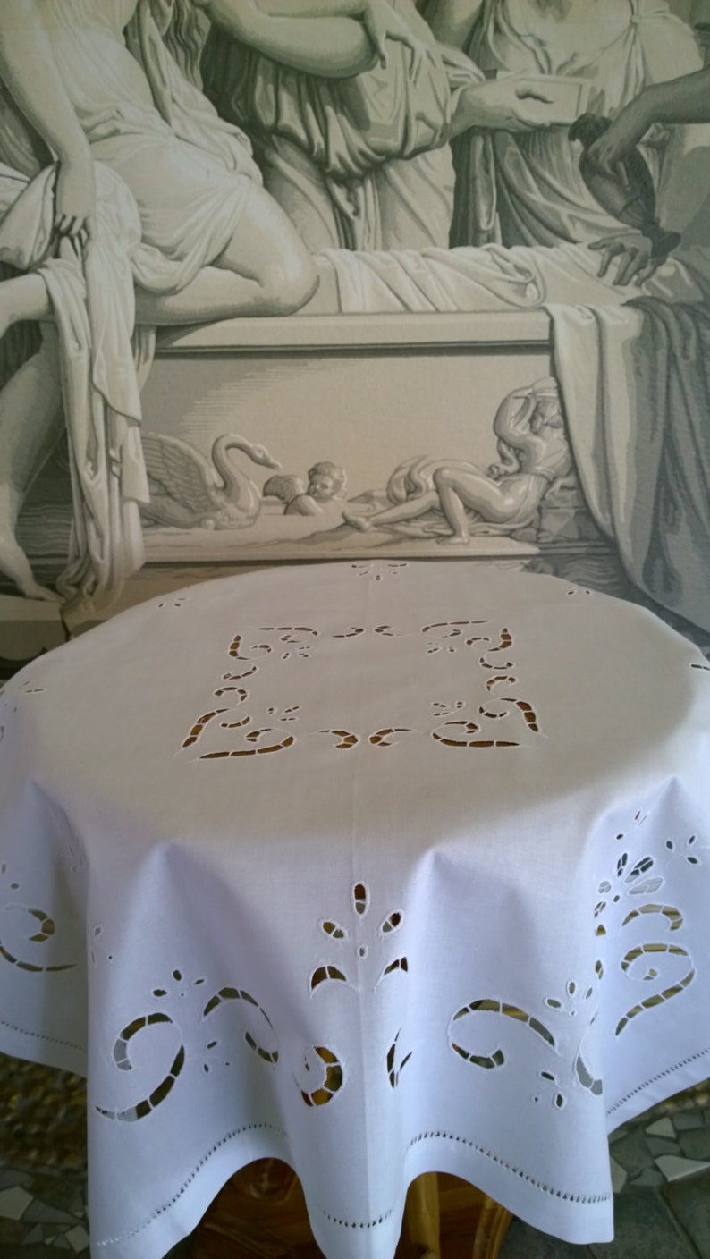 Polish Vintage White Linen Square Tablecloth Polish Home Decor-Handmade Richelieu TableclothBeautiful Polish Hand Embroidered Table Linen