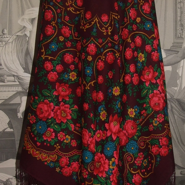 FABULOSO Vintage polaco folk floral diseño hecho a mano fleco suave lana gran bufanda marrón / INCREÍBLE polaco folk floral motivo puro chal de lana