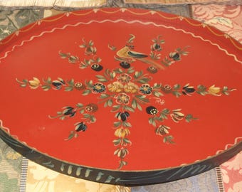 TRAY Vintage! Folk, Hand- Painted, Coral Color Thin Wood Tray / Lovely Ukrainian Artistic Hand- Painted Folk Floral Design Tray