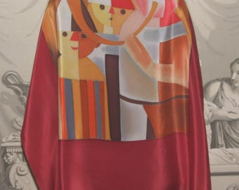 SCARF Vintage! Designer Artistic, "Pinocchio" Motive Hand-Painted Silk Scarf / Fabulous Unique Hand-Painted Woman Fashion Pure Silk Scarf