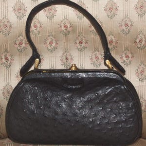 LUXURY & STYLISH Vintage Black Genuine Ostrich Leather, Evening Handbag / UNIQUE! Rare! Authentic Ostrich Leather Clutch, Frame, Handle Bag