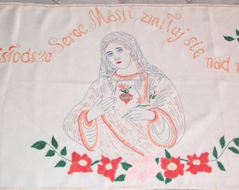 WANDDEKORATION FOLK! Vintage, polnische Folk, handgemachte religiöse katholische Wandbehang / reizend, Mutter des Gottes Folk handgenähter Leinenwandteppich