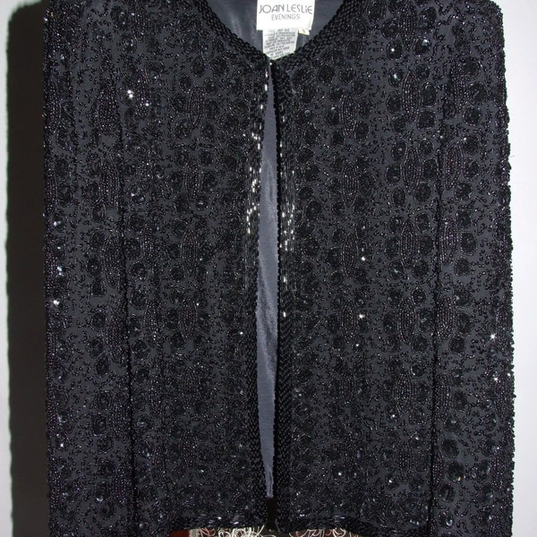 VTG Joan Leslie Women's Evenings Sequin Beaded Statement Jacket Black White Medium