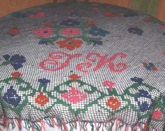 TABLECTOTH POLNISCH! Vintage, Polish Folk, handbestickte Filetspitze, Blumenmotiv, Franse, handgemachte Wolldecke, Tischdecke, Überwurf