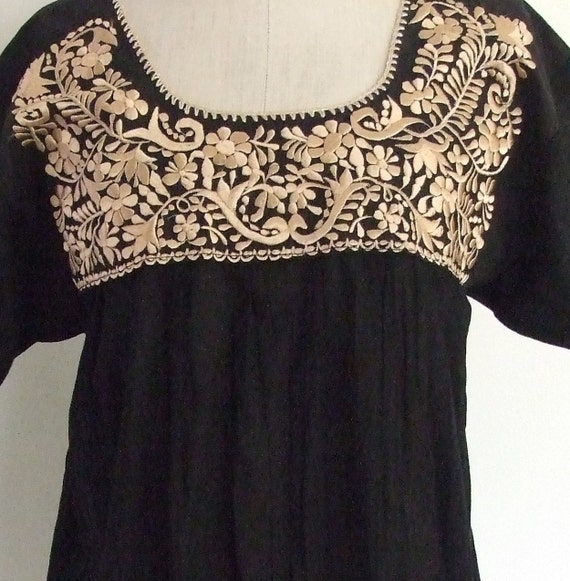 BEAUTIFUL Vintage Mexican Folk Gauze Black Cotton 