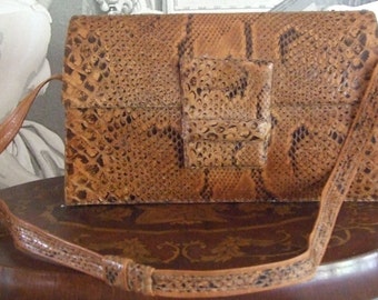 AMAZING & FASHIONABLE! Vintage Genuine Snake Glossy Brown Leather Shoulder Bag/LOVELY Luxuorius Handmade Textured Snake Leather Shoulder Bag