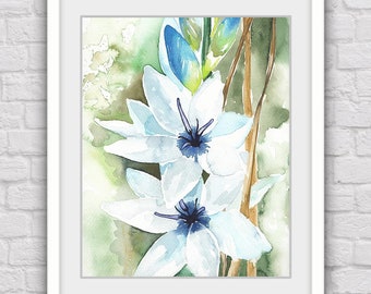May include: Watercolor painting of white flowers with blue accents and dark centers, framed in a white mat. The artwork features a soft green and brown background, creating a natural and serene aesthetic. The painting is displayed in a white frame against a white brick wall.