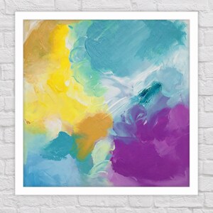 Yellow, turquise, purple square original painting, acrylic painting on paper, modern wall decor
