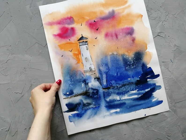 29*37 cm Original  water color lighthouse painting Seascape watercolor Lighthouse artwork  size 11.4*14.5 inches