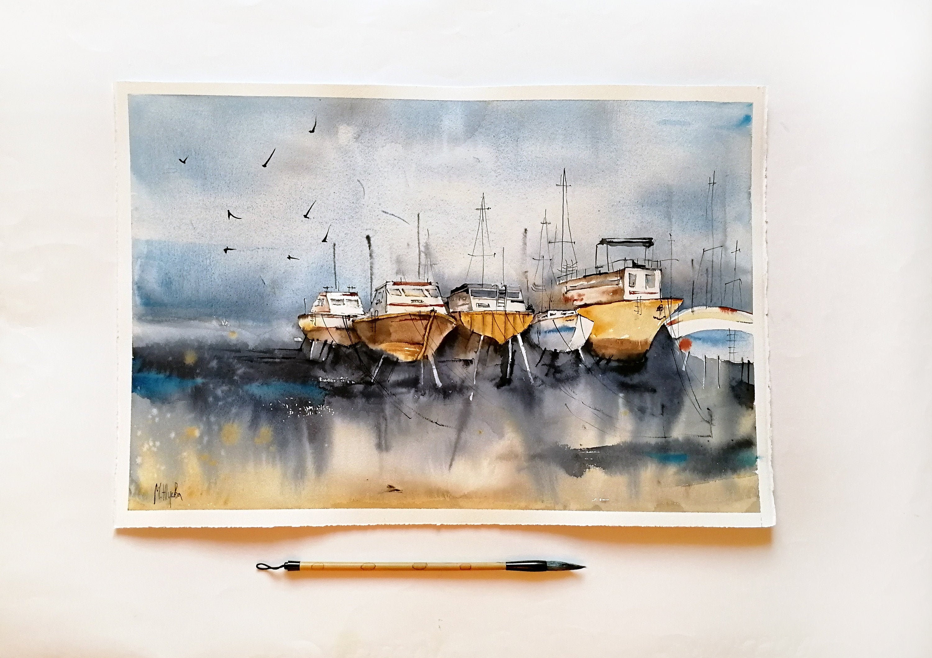 Large water color art Boat painting original watercolor Etsy