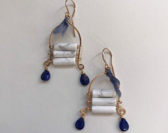 Gold filled 14k, white turquoise and lapis.