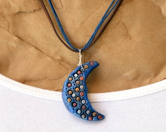 Blue Crescent Moon Necklace, Celestial Polymer Clay Pendant Jewelry