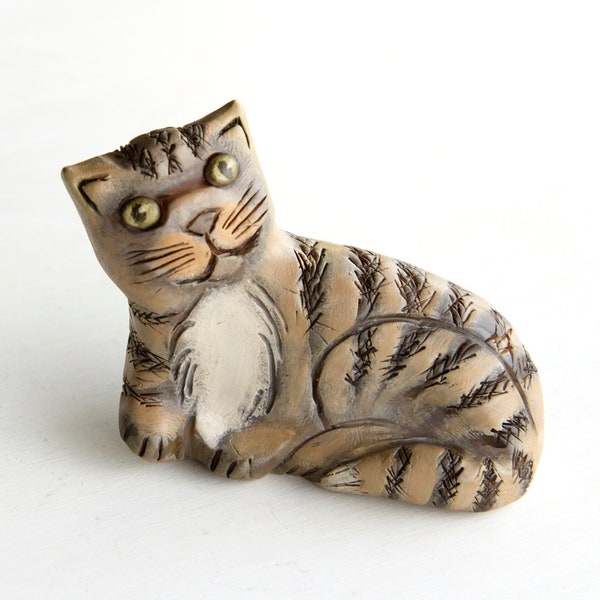 Tan Tabby Cat Figurine, Primitive Folk Art Style Striped Clay Kitty Beige Black White, Naive Pet Collectible Sculpture