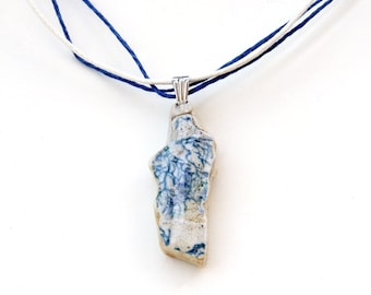 Small Blue Beige Broken Pottery Necklace, Beach Find Upcycled Ceramic Pendant Jewelry