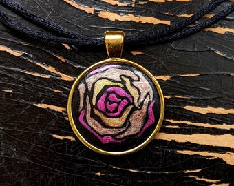 Metallic Graphic Rose Necklace, Clay in Bezel Hand Painted Tri Colour Pink Copper Gold Colour Pendant on Black Velveteen Cord, Gift for Wife