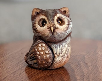 Tiny Brown Owl 1" Inch Tall, Small Primitive Style Bird of Prey Mini Artisan Figurine, Bird Collector Gift