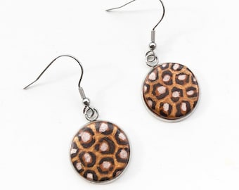Leopard Print Earrings Stainless Steel Drop, Hand Painted Clay Animal Print Jewelry in Light Copper Dark Brown and White Colours